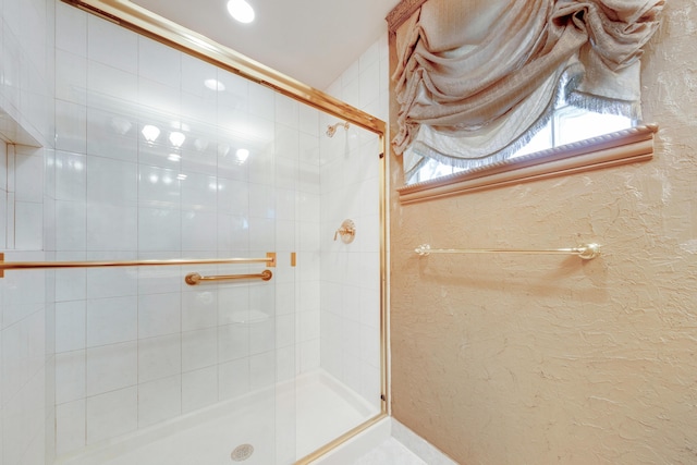 bathroom featuring a shower with shower door