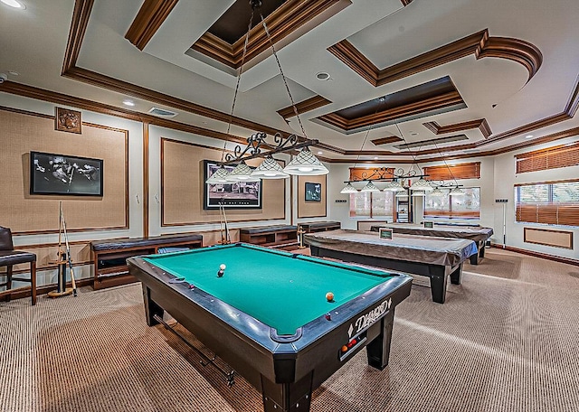 recreation room with carpet flooring, a raised ceiling, crown molding, and billiards