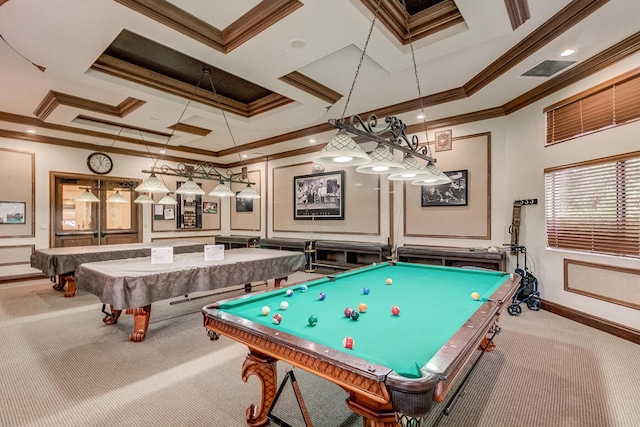 rec room with ornamental molding, carpet floors, pool table, and coffered ceiling