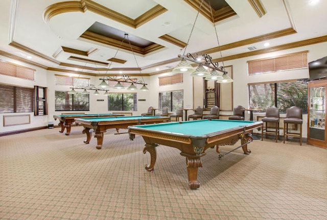 rec room featuring a towering ceiling, light colored carpet, and ornamental molding