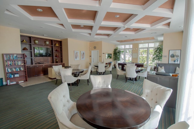 dining space with dark colored carpet, beamed ceiling, and coffered ceiling