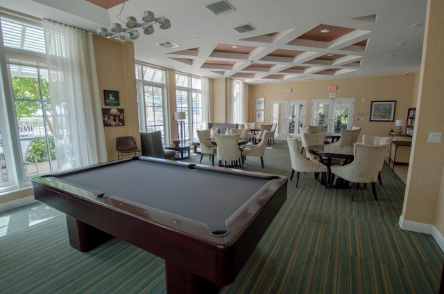 game room with carpet floors, a wealth of natural light, and pool table