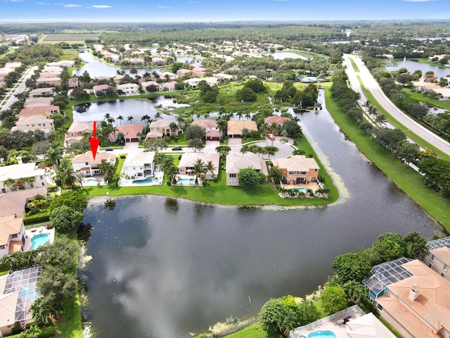 drone / aerial view with a water view