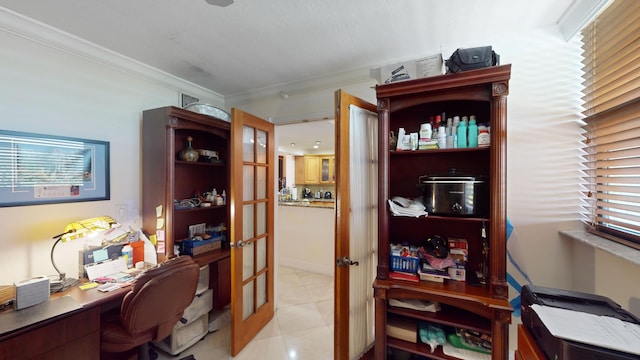 tiled office space with crown molding