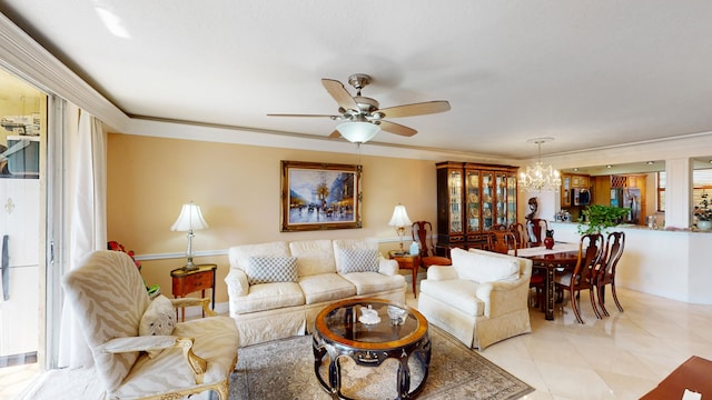 tiled living room with crown molding and ceiling fan with notable chandelier