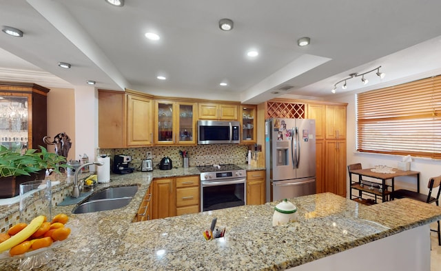 kitchen featuring appliances with stainless steel finishes, light stone counters, sink, and tasteful backsplash