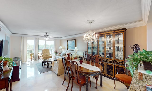 dining area featuring crown molding, ceiling fan with notable chandelier, and light tile patterned floors