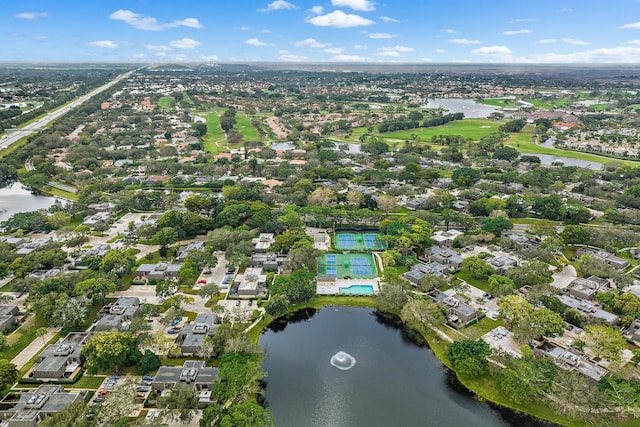 drone / aerial view featuring a water view