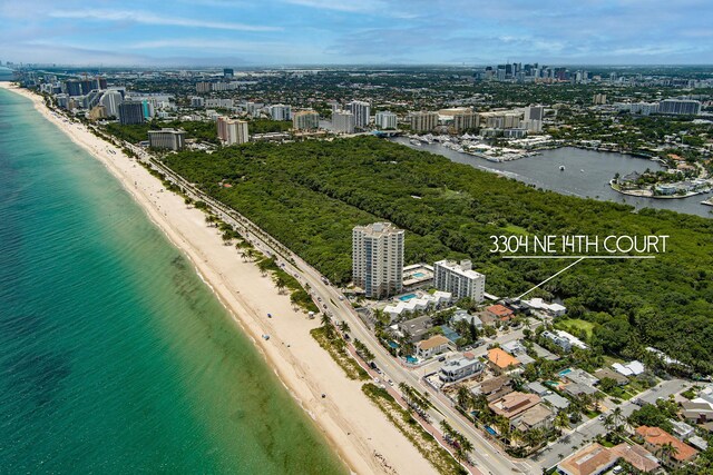 bird's eye view featuring a view of the beach and a water view