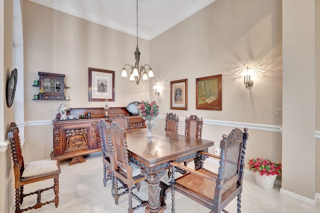 tiled dining area with crown molding and an inviting chandelier