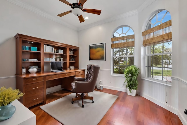 home office with dark hardwood / wood-style flooring, ornamental molding, and ceiling fan