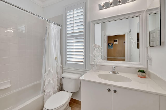 full bathroom with vanity, crown molding, shower / bathtub combination with curtain, and toilet