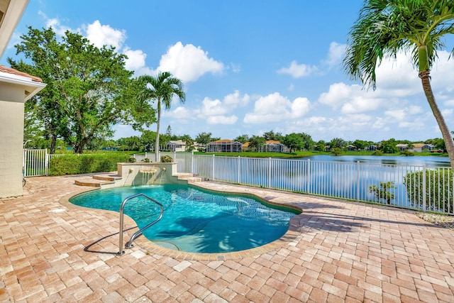 view of swimming pool featuring a patio and pool water feature