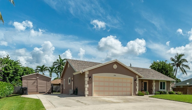 ranch-style home featuring a garage, central AC, and a front yard