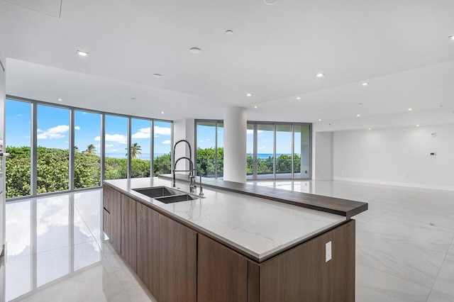 kitchen with a spacious island, open floor plan, a sink, modern cabinets, and plenty of natural light