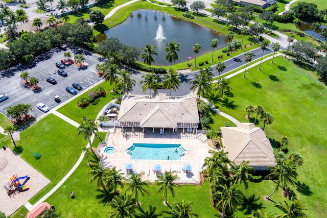 drone / aerial view featuring a water view