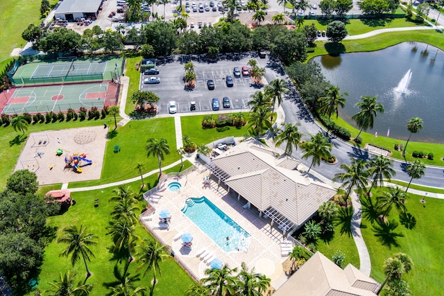 aerial view featuring a water view