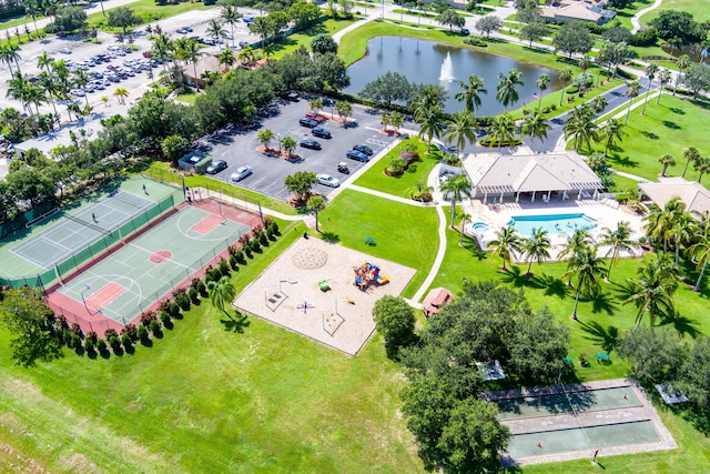 drone / aerial view with a water view