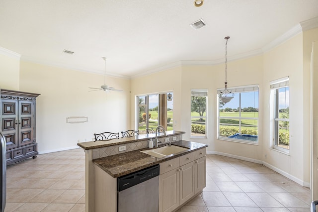 kitchen featuring a sink, visible vents, dishwasher, and crown molding