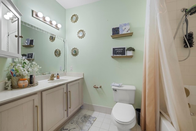 full bathroom featuring tile patterned flooring, shower / bath combination with curtain, toilet, and vanity