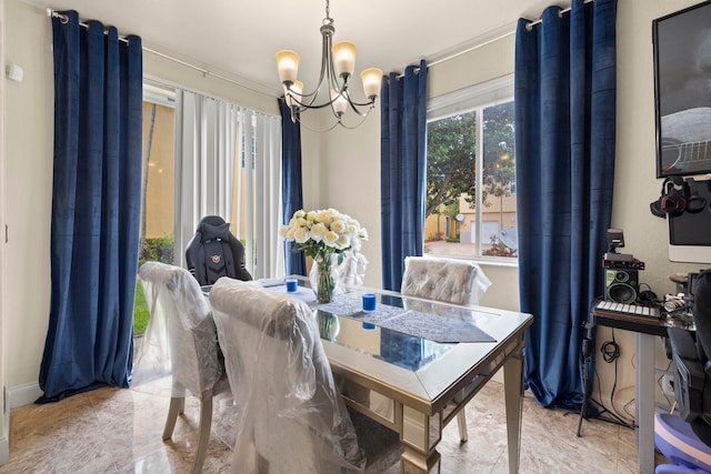 dining area featuring a notable chandelier and light tile patterned flooring