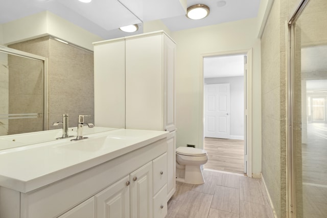 bathroom featuring vanity, toilet, and a shower with door