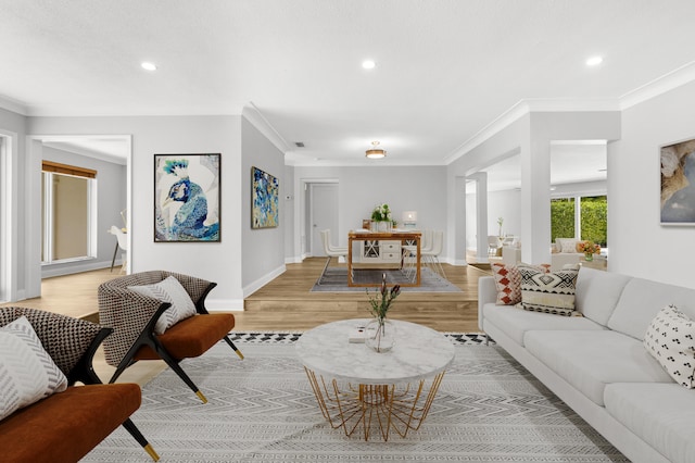 living room with decorative columns, light hardwood / wood-style floors, and ornamental molding