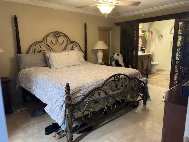 bedroom with ceiling fan, ensuite bath, crown molding, and light tile patterned flooring