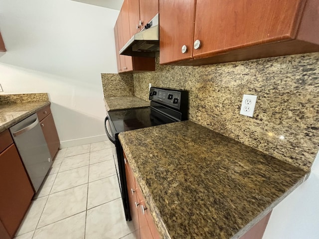 kitchen with light tile patterned floors, black / electric stove, under cabinet range hood, stainless steel dishwasher, and tasteful backsplash