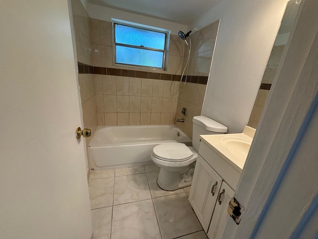 full bathroom with toilet, shower / bathtub combination, tile patterned flooring, and vanity