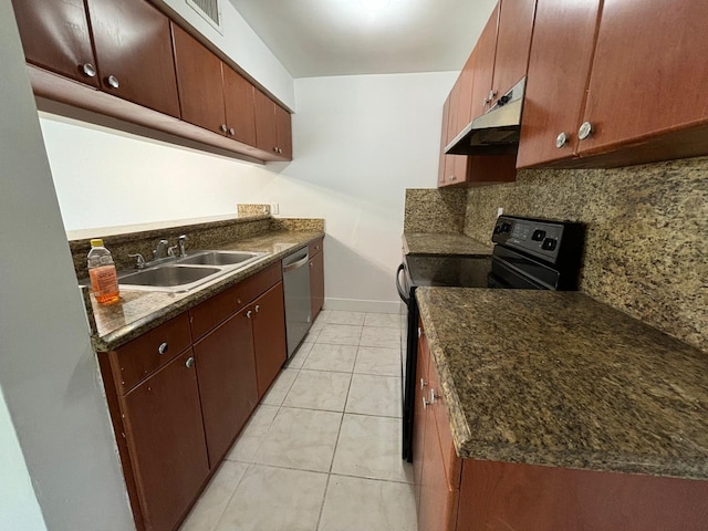 kitchen with dark countertops, black electric range oven, a sink, and under cabinet range hood