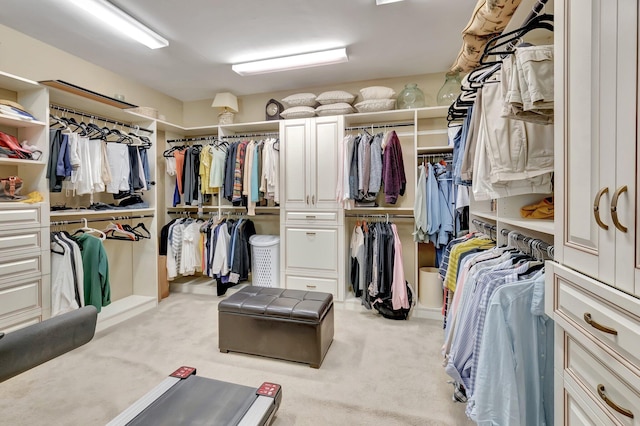 walk in closet featuring light carpet