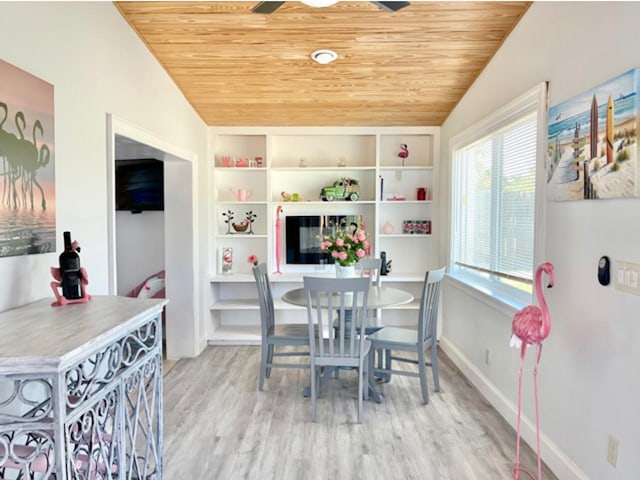 dining space featuring lofted ceiling, light hardwood / wood-style flooring, wooden ceiling, and built in features