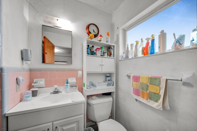 bathroom featuring backsplash, toilet, and vanity