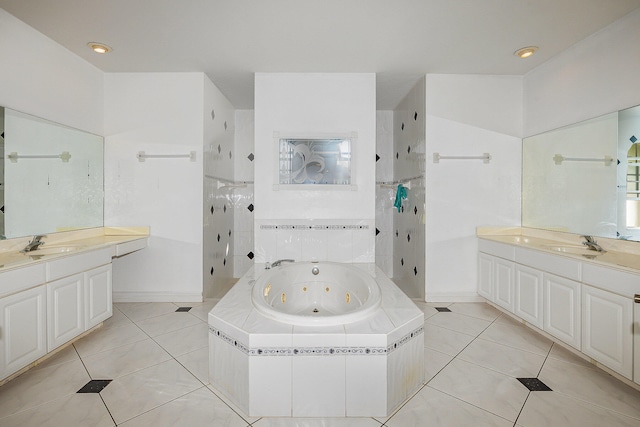 bathroom with vanity, tile patterned floors, and separate shower and tub