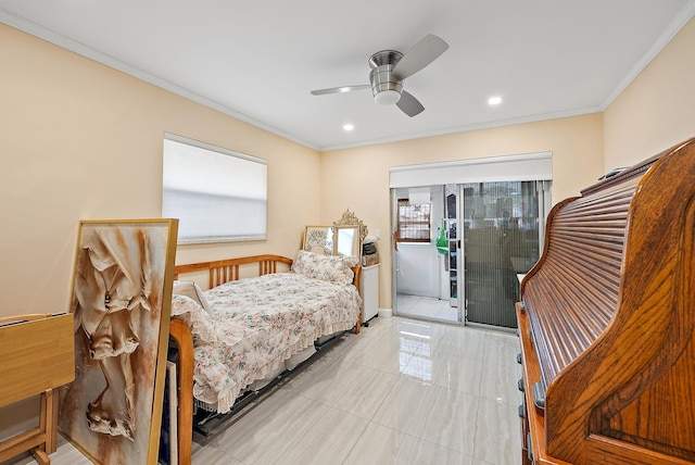 tiled bedroom featuring ceiling fan, access to outside, and crown molding