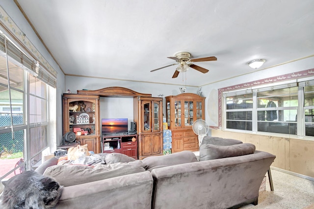 living room featuring ceiling fan