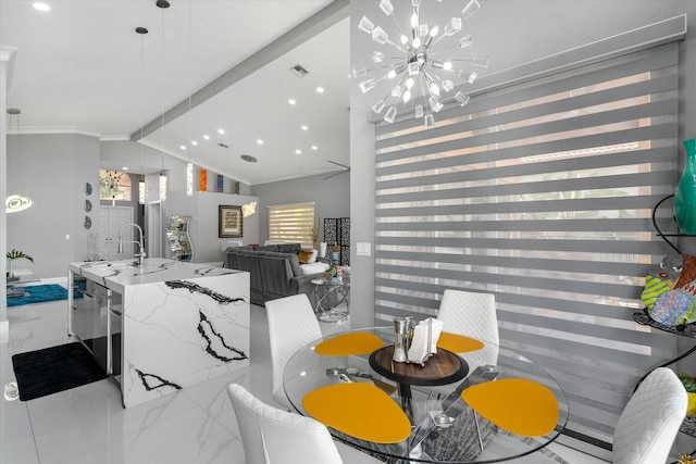 tiled dining area with crown molding, a chandelier, sink, and vaulted ceiling with beams