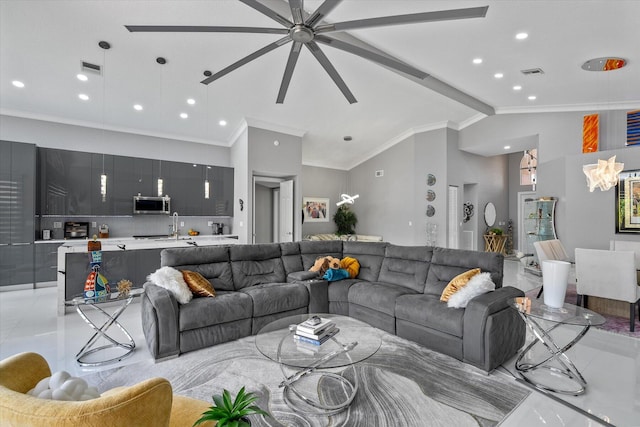 tiled living room featuring ceiling fan, lofted ceiling with beams, and crown molding