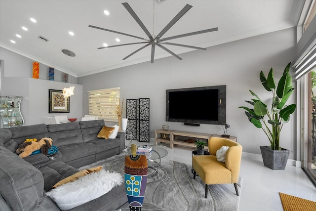 tiled living room featuring lofted ceiling, crown molding, and ceiling fan