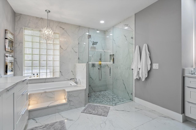 bathroom featuring plus walk in shower, vanity, plenty of natural light, and tile patterned floors