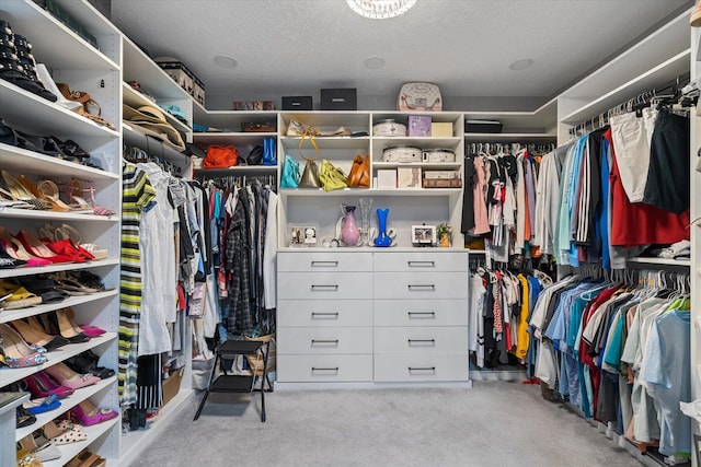 spacious closet featuring light carpet