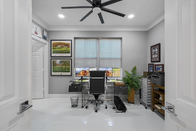 office featuring light tile patterned floors and ceiling fan