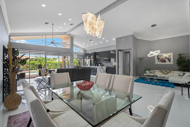 tiled dining room featuring ornamental molding, high vaulted ceiling, and beam ceiling