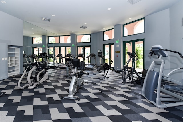 exercise room featuring a towering ceiling and expansive windows