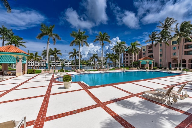 view of swimming pool featuring a patio area