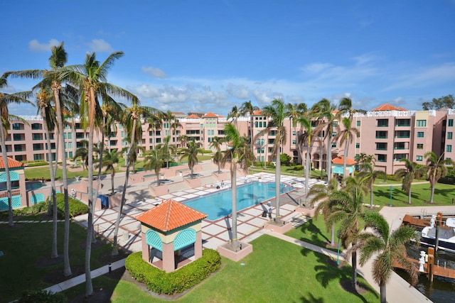 view of swimming pool with a patio area