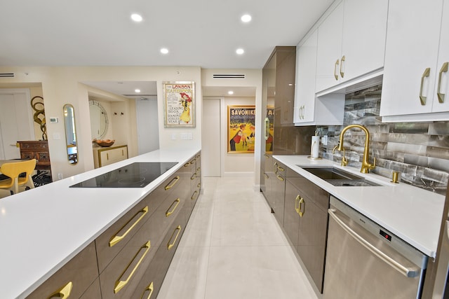 kitchen featuring tasteful backsplash, stainless steel dishwasher, sink, white cabinetry, and black electric cooktop