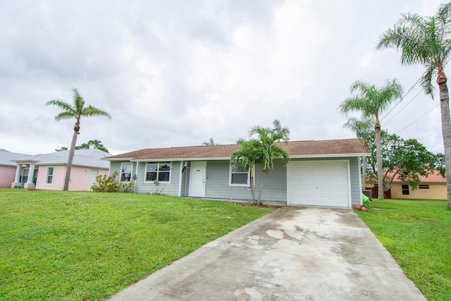 single story home with a garage and a front yard