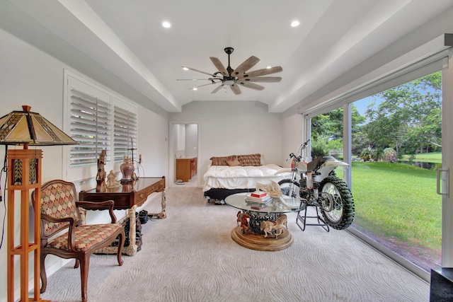 bedroom featuring ceiling fan, carpet, and access to exterior